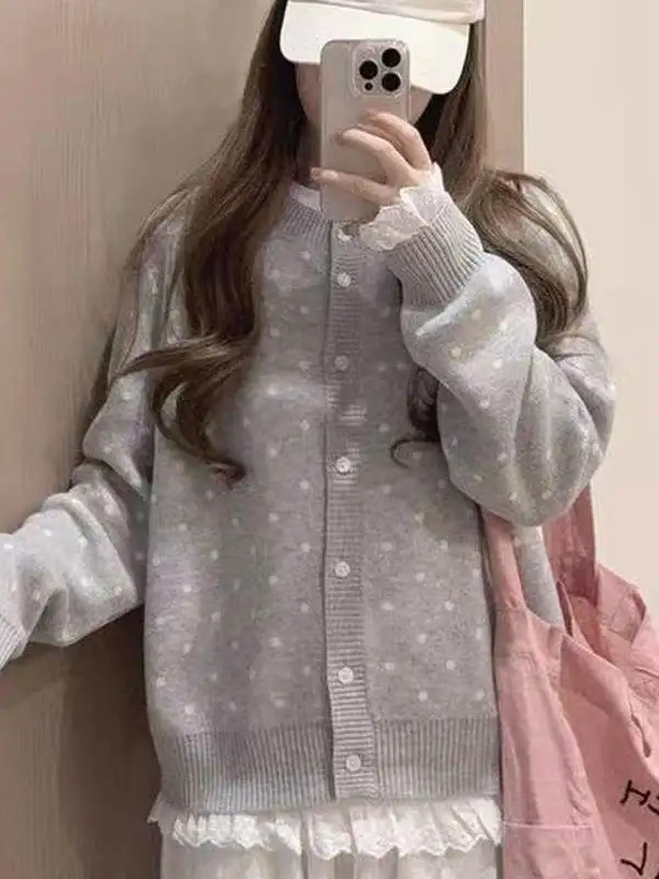 Casual Long Sleeve round Neck Knitted Cardigan Spring Autumn Polka Dot Open Front Sweater Versatile Comfortable Women's Top
