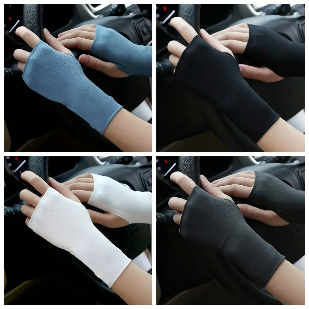 Elastic Fingerless Gloves Solid Color Anti-UV Half Finger Sunscreen Gloves Protect Wrist Wristband Thin Ice Silk Mittens Driving