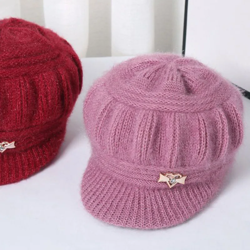 2023 Women Rabbit Fur Winter Hats Mother's Hat Wool Knitted Grandma Cap Soft Short Brim Peaked Cap New Solid Color Pumpkin Hat