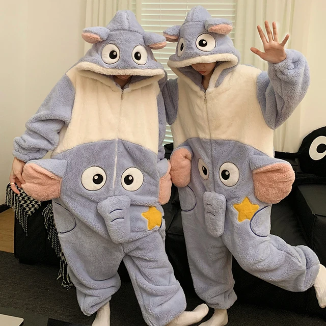 Kigurumis Elephant Women Men Pajamas Onesie Couples Jumpsuit Winter Thicken Hooded Pyjamas Bodysuit Festival Funny Homewear AliExpress