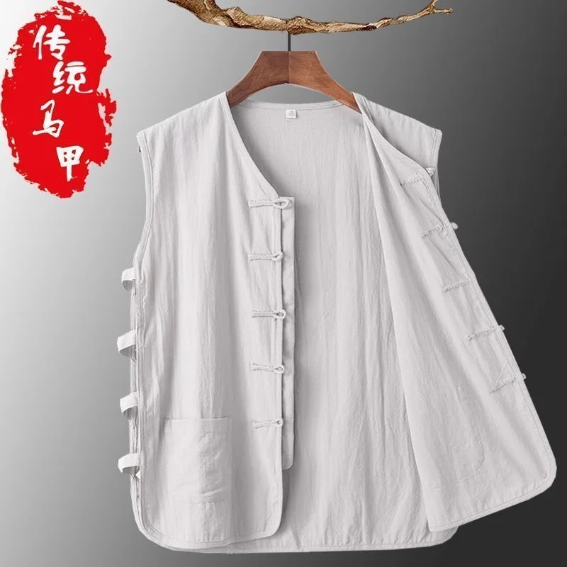 plus Size Cotton Linen Men's Summer Vest Chinese Style Tang Suit Shoulder Pad Button up Casual  Color Traditional Costume