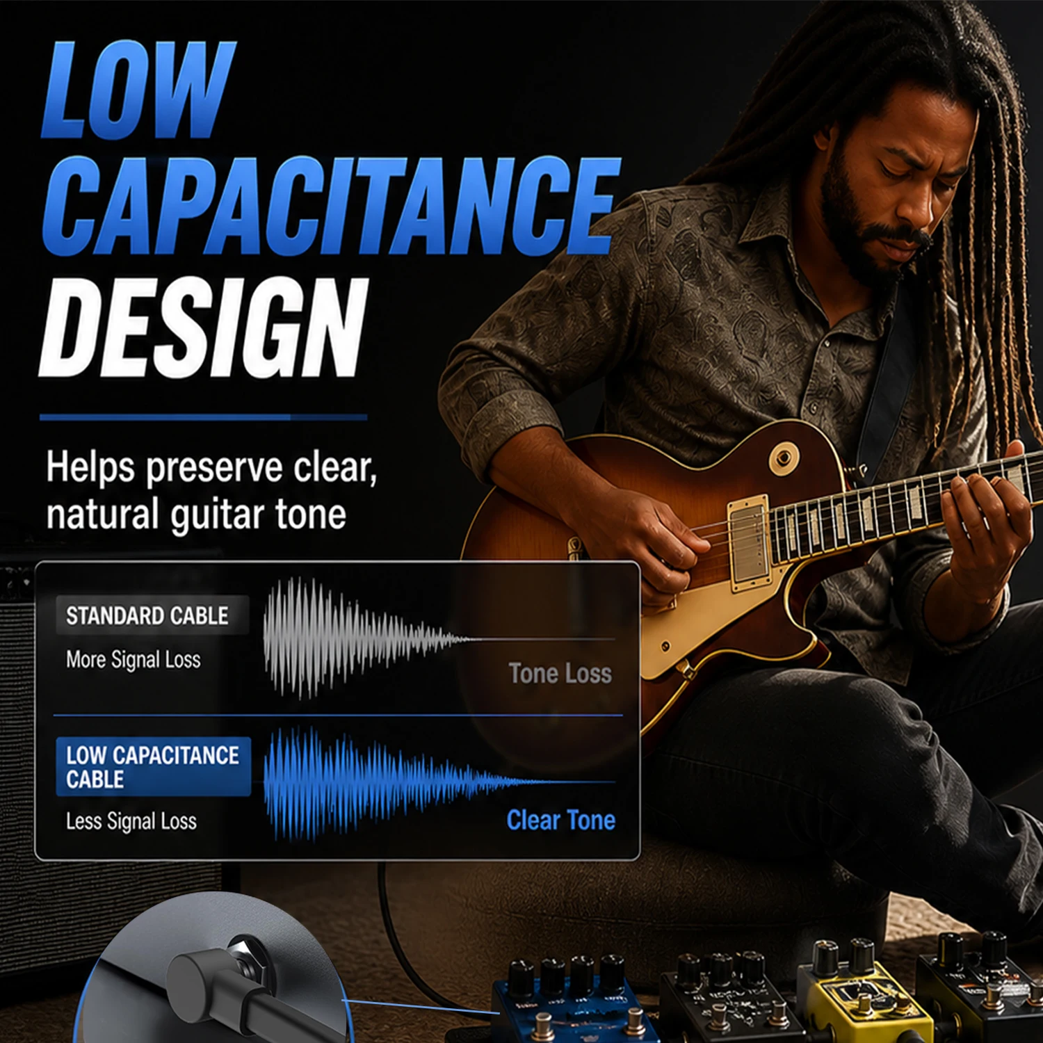 3‑Pack Guitar Patch Cables 1/4 Inch 6.35mm Right Angle Low Noise Shielded Oxygen‑Free Copper Core for Guitar Bass Pedalboard Amp
