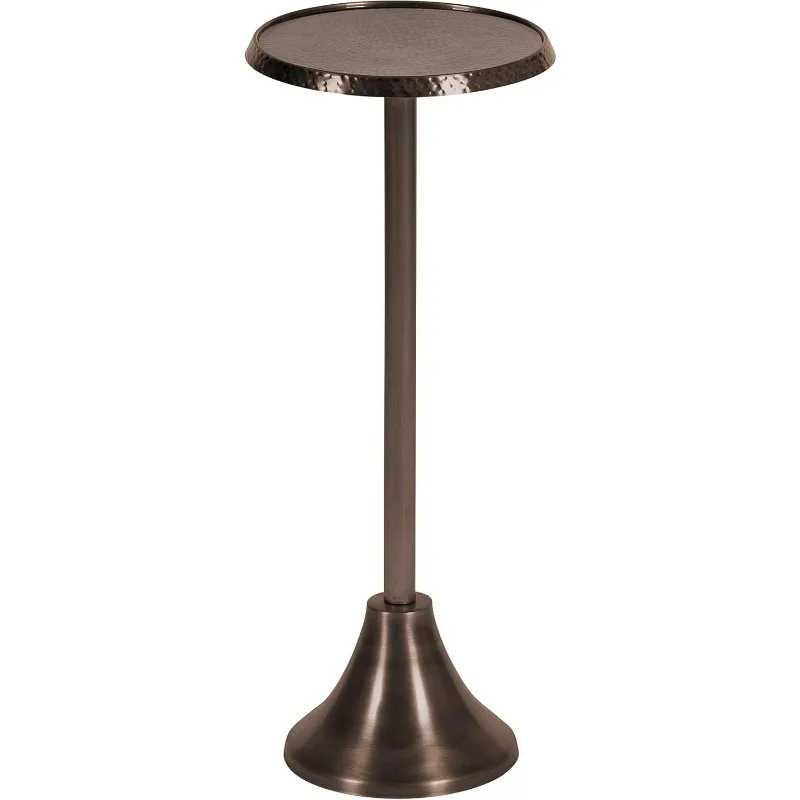 Modern Pedestal Drink Table, 9 x 9 x 23, Bronze, Decorative End Table with Hammered Tabletop