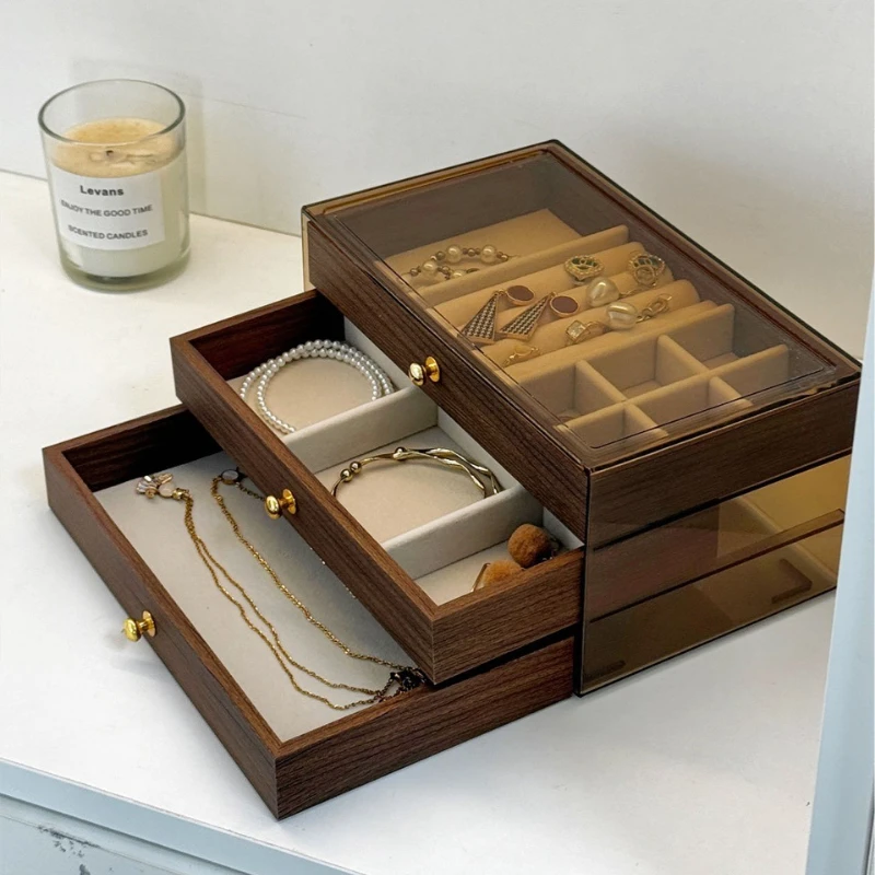 

Walnut Wood Grain Jewelry Box Retro Luxury Earrings Storage Boxes Transparent Glass Necklace Display Case Jewellery Organizer
