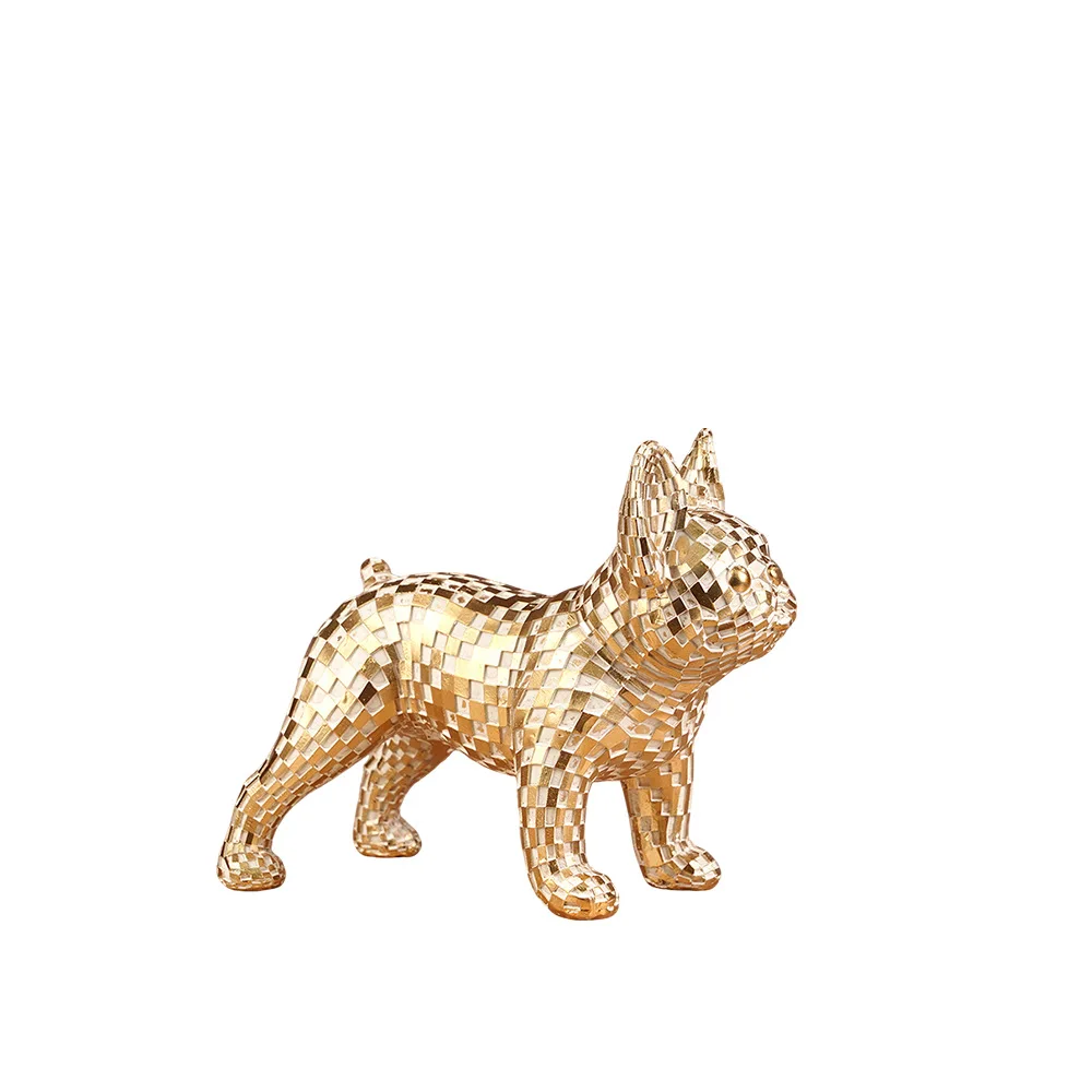 Golden Checkered Pattern Resin French Bulldog Statue Lucky Chinese Style Home Decor Fancy Desktop Art Ornament Creative Birthday