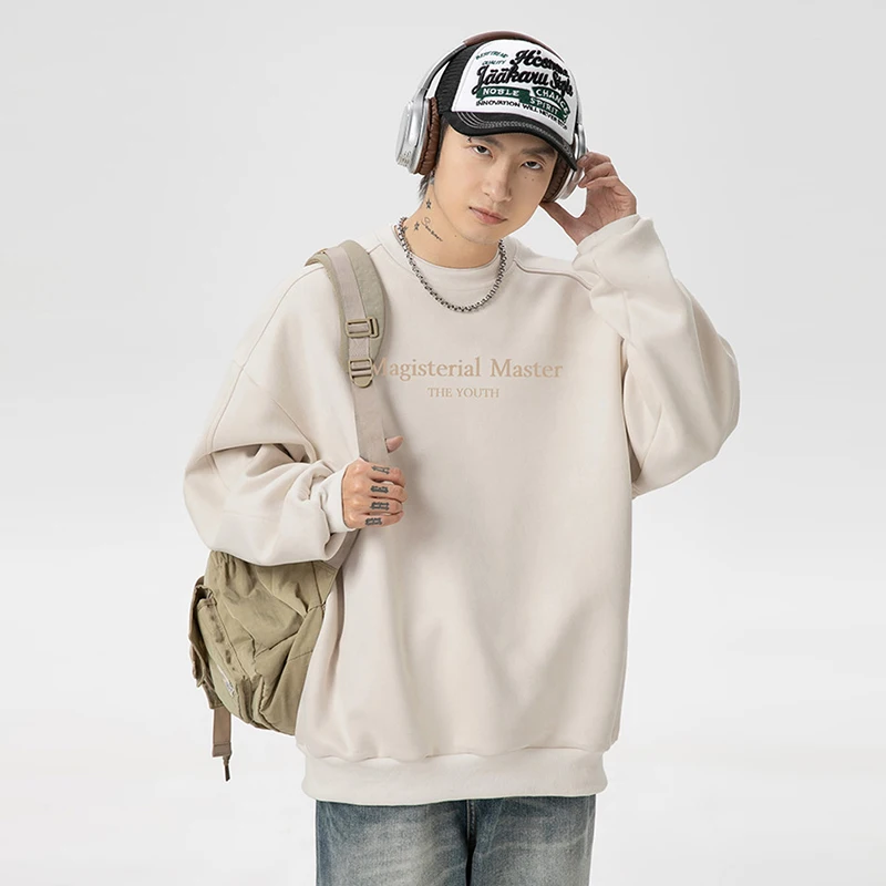 الخريف موضة الاتجاه رسالة مطبوعة Crewneck البلوز سبليت والانضمام معطف الرجعية الرجال ملابس الهيب هوب فضفاضة غير رسمية