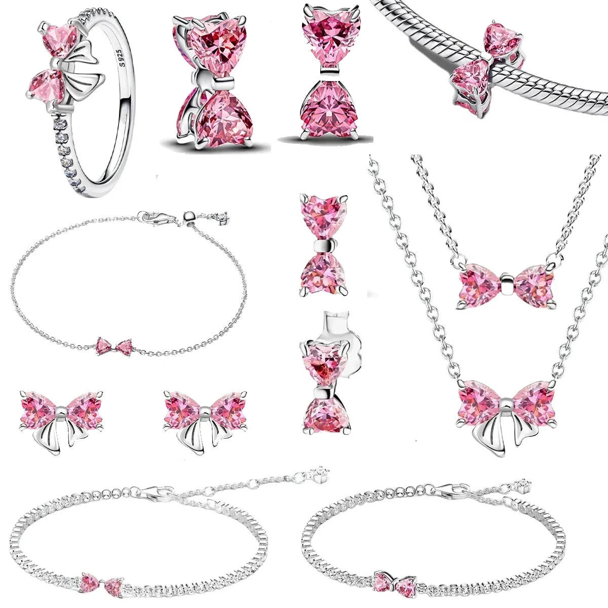 

Набор из стерлингового серебра 925 пробы с розовым бантом, подвески, кольца, серьги, ожерелья, бусины, сверкающие женские ювелирные изделия, подарок, модные легкие роскошные изготовления