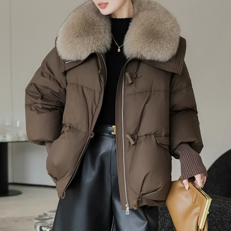 [EWQ] Detachable Faux Fox Fur Collar Cotton-padded Coat Women Winter Keep Warm Thick Brown Parkas Outerwears 2024 New 16O3328