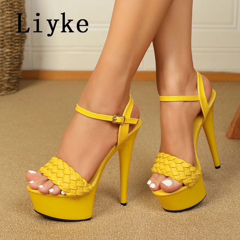 Liyke Sexy Fetish 15CM Sandals Women Fashion Weave Narrow Band Peep Toe Buckle Strap Platform High Heels Wedding Stripper Shoes