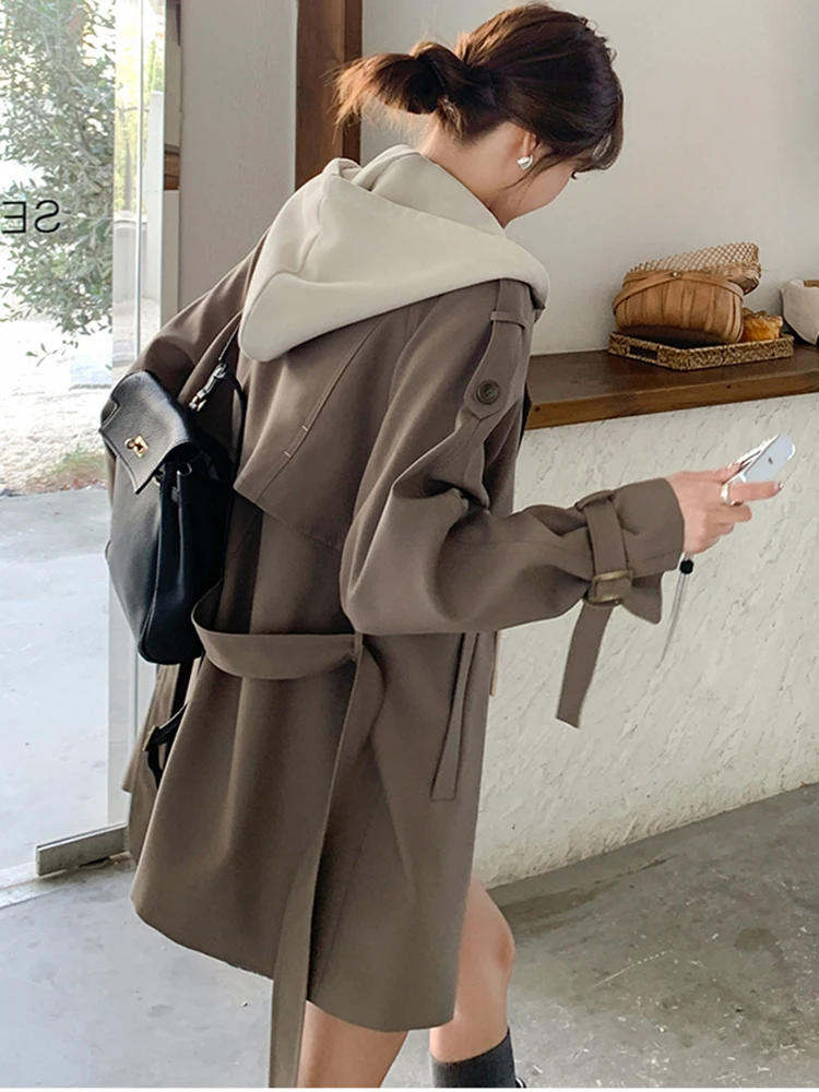 WHTREND الكورية نمط تصميم وهمية قطعتين مقنعين خندق معطف للنساء فضفاض منتصف طول سترة واقية سترة معطف WH1559 #6