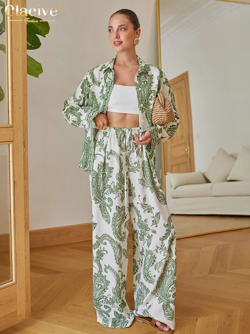 

Clacive Fashion Loose Print Women's Two Pieces Set 2025 Elegant Long Sleeve Shirt With High Waist Wide Pants Set Female Clothing