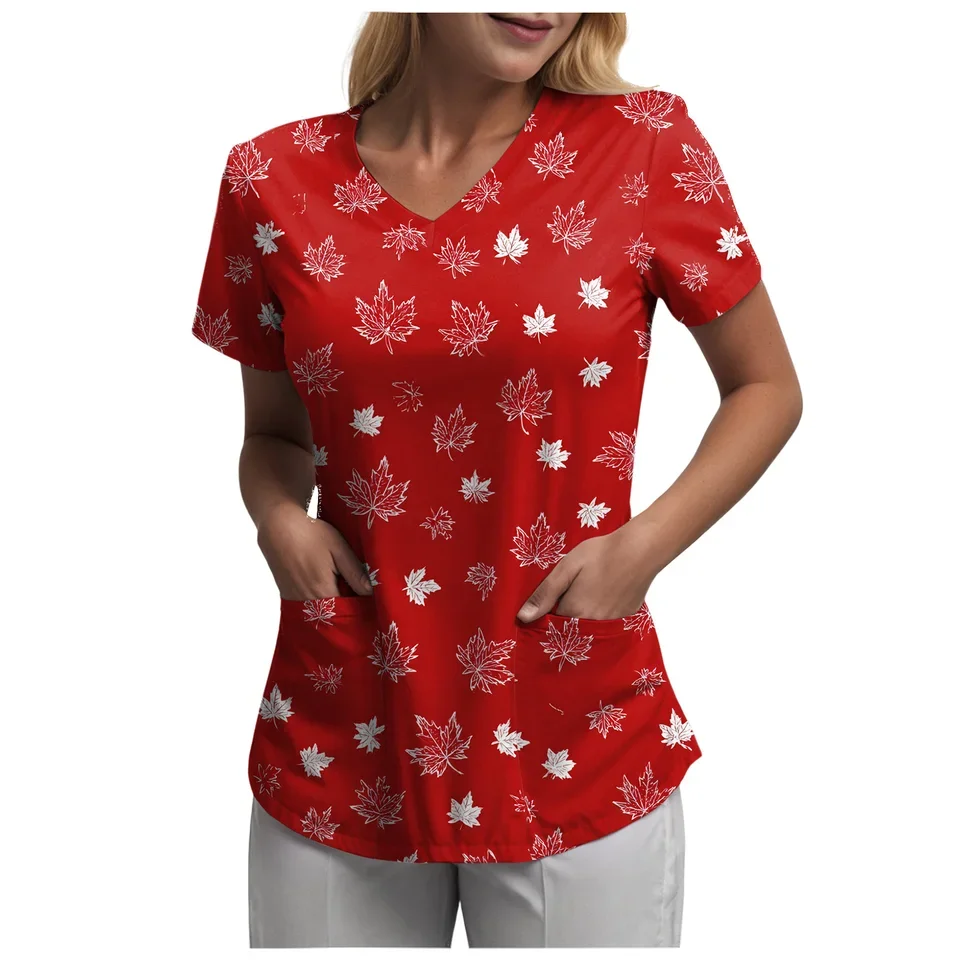 New Summer Women's Canadian Maple Leaf Full Print T Shirts Casual Short Sleeve V Neck T-Shirt For Women Canada Day Flag Tee Tops