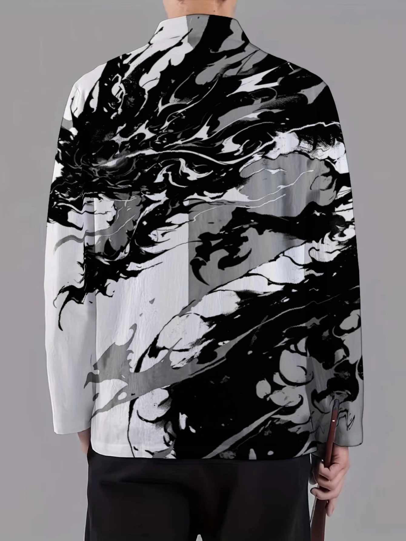 Men Mandarin Collar Frog Button Jacket Flame Smoke Camouflage Ink Wash Art Print Traditional Outerwear