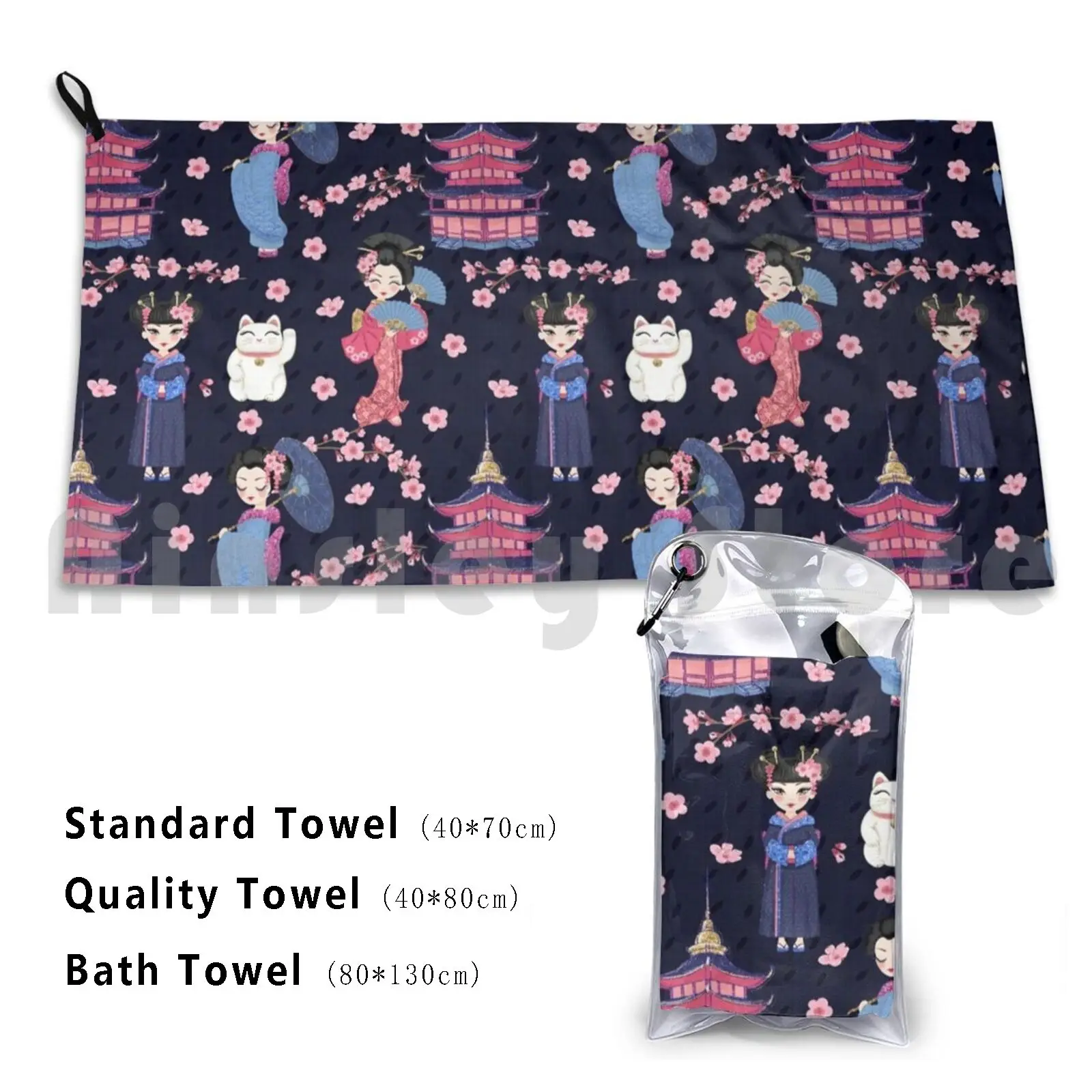 Apanese Dolls Navy Custom Towel Bath Towel Japanese Cherry Blossom Pagoda Japanese Cat Geisha Geisha Dolls