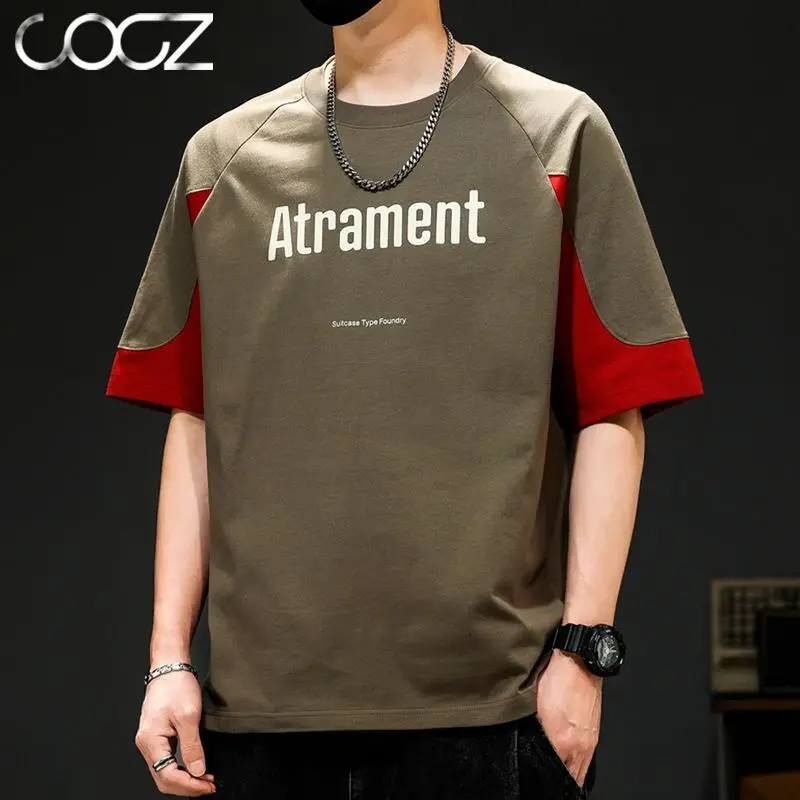 

Hip hop loose fitting men's street T-shirt casual classic summer short sleeved color blocking half sleeved trendy top