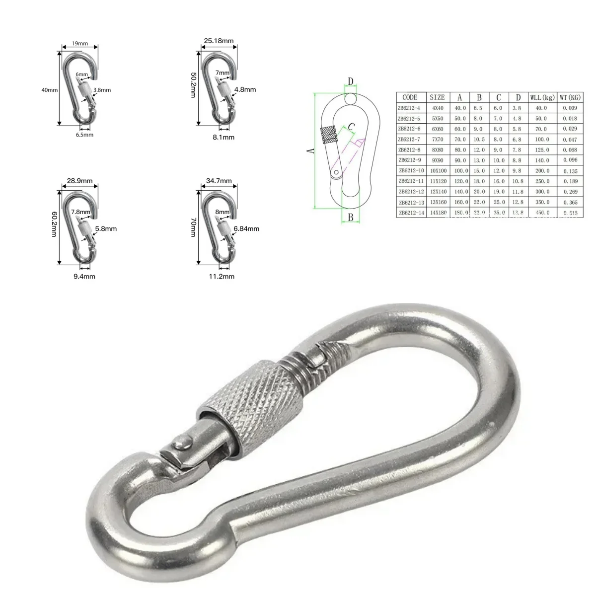 Silver Stainless Steel Lock Ring Safety Snap Hook Carabiner Spring Snap Quick Link Outdoor Climbing Gear Equipment