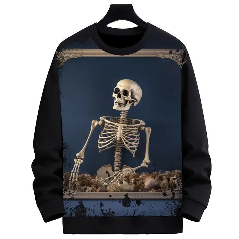 

New Horror Skeleton Pattern round Neck Sweatshirt Digital Printing Men's Clothing Warm Polyester Fiber Deformable Hoodie