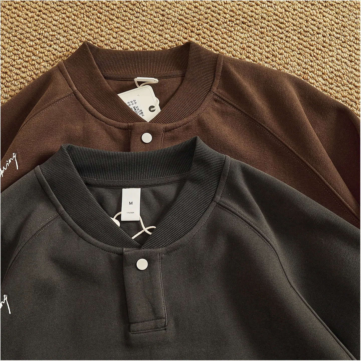 Raglan sleeve solid color simple Henry collar button sweatshirt men's new top with casual versatile loose jacket