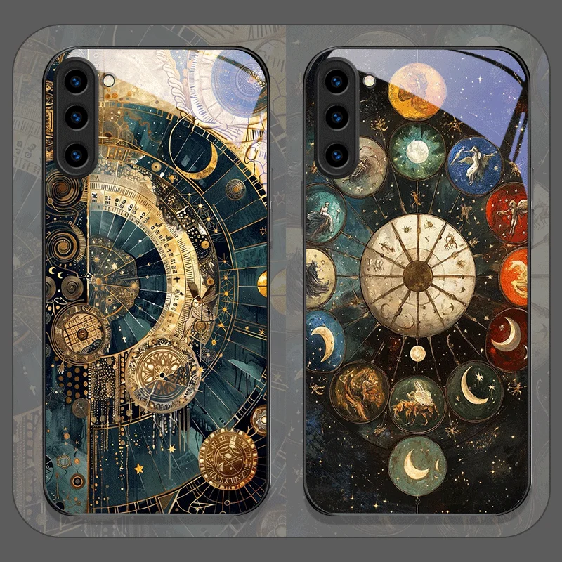 Stylish Stars Moon Constellations Pattern Tempered Glass Phone Case for Samsung Galaxy S25 Ultra S24 S23Plus S22 S21 S20FE Cover