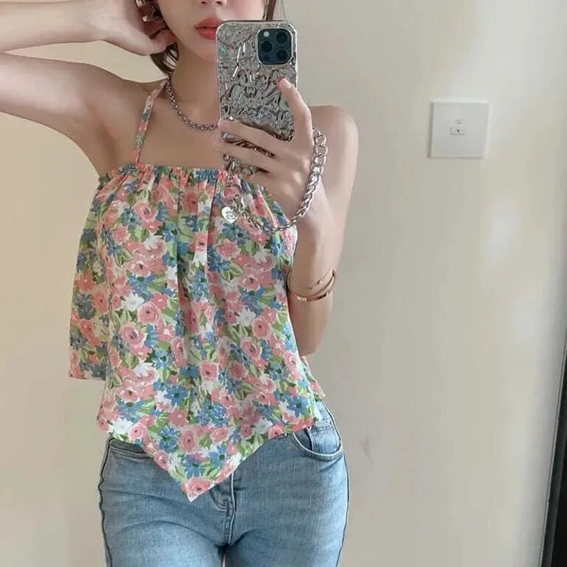 Sexy Backless Halter Tank Women Korean Floral Sweet Fashion Summer Beach Cool Crop Top Pretty Style Female Harajuku Clothes