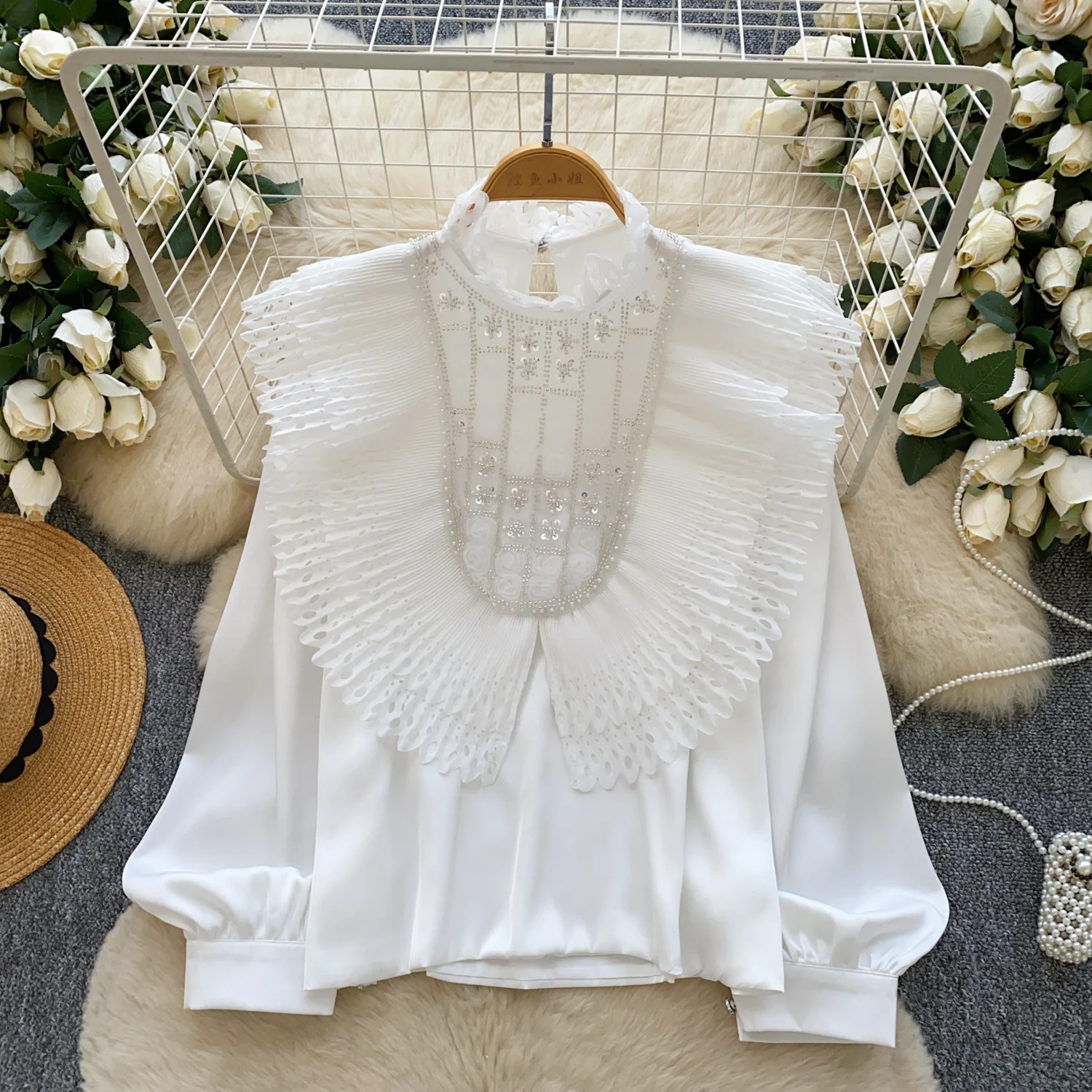 Blusa bordada vintage para mujer, camisa de satén de manga larga con cuentas, estilo francés, elegante con volantes