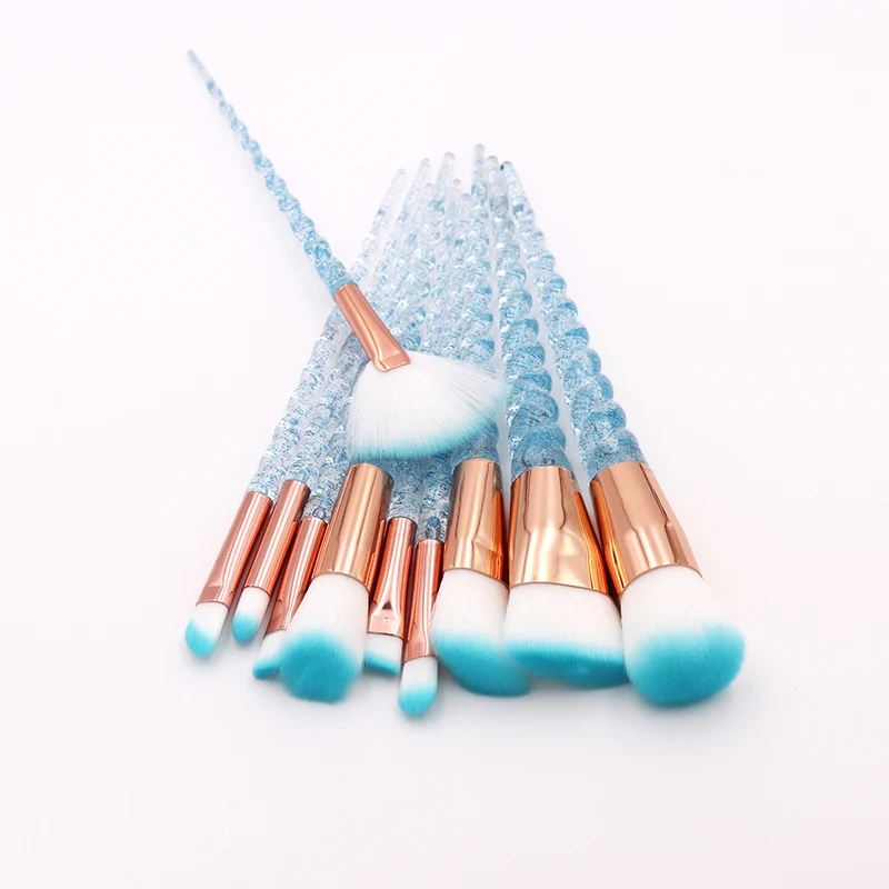 Blue Unicorn Makeup Brushes Set, Crystal Diamond Brush Kits, Pincel de maquiagem, Pó, Sombra, Fundação, Lábio, 10Pcs