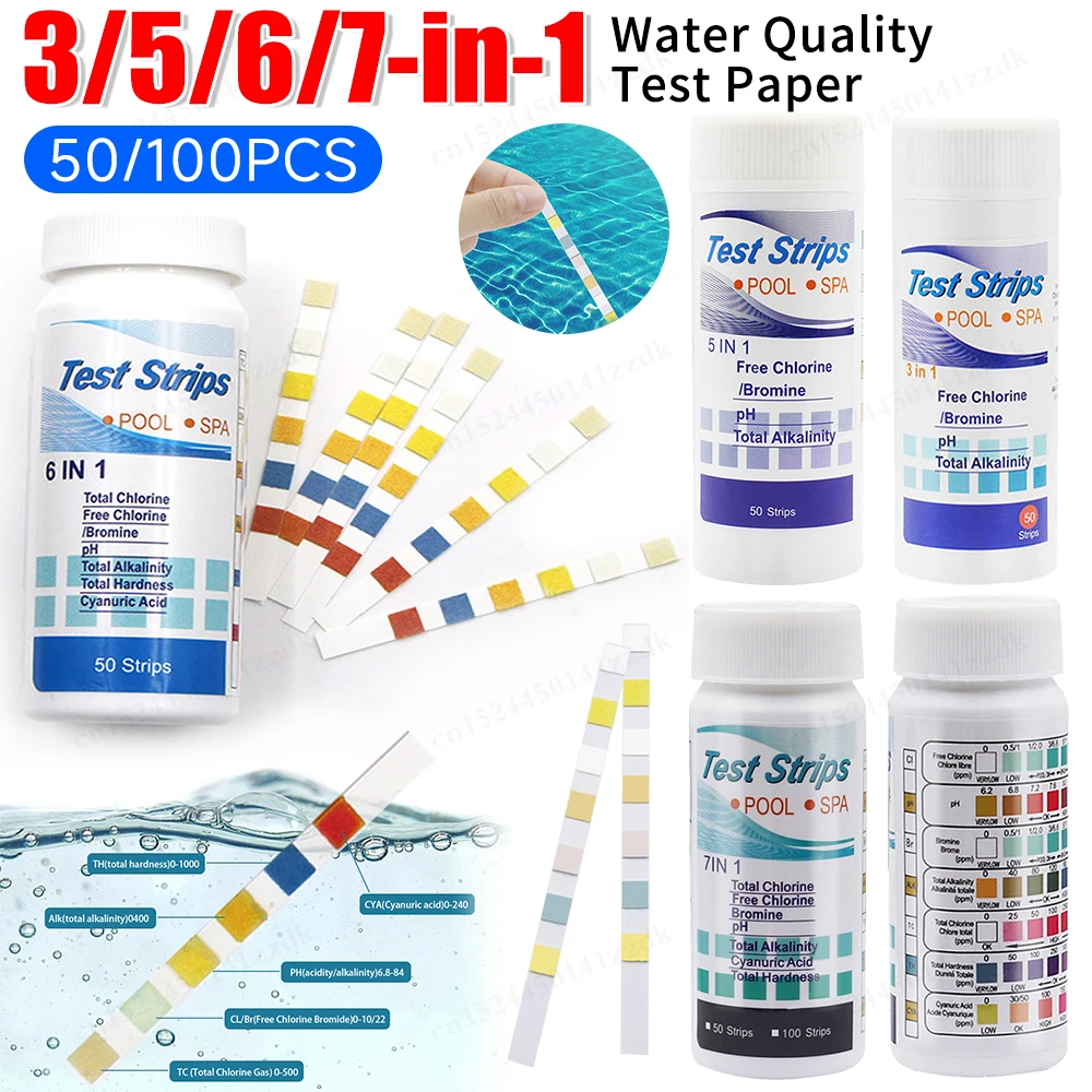 50/100 Stück Mehrzweck 3/5/6/7 in 1 Chlor-pH-Teststreifen für SPA und Schwimmbad, Wassertester-Papier, Härteprüfgerät, Zubehör