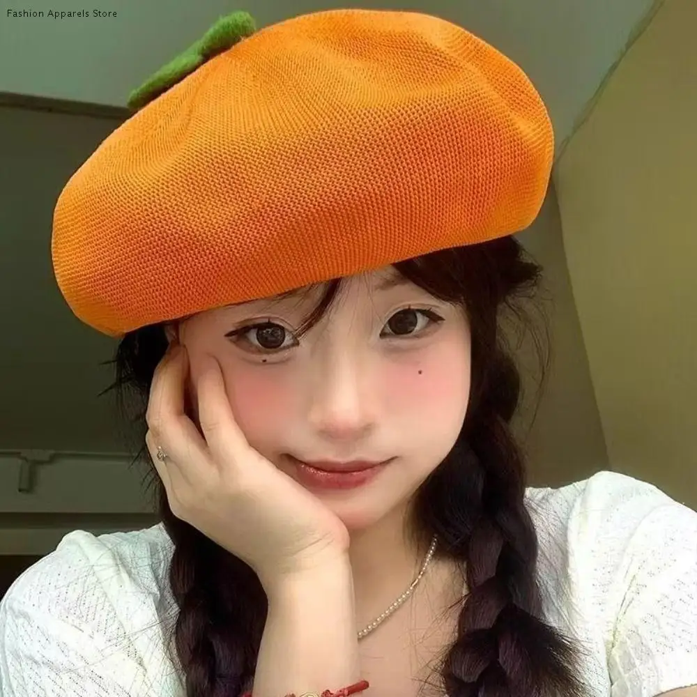 

Fashion Pink Peach Girl Painter Hat Breathable Orange Beret Fruit Caps Casual Little Leaf Beanie Beret Cap Female Lady