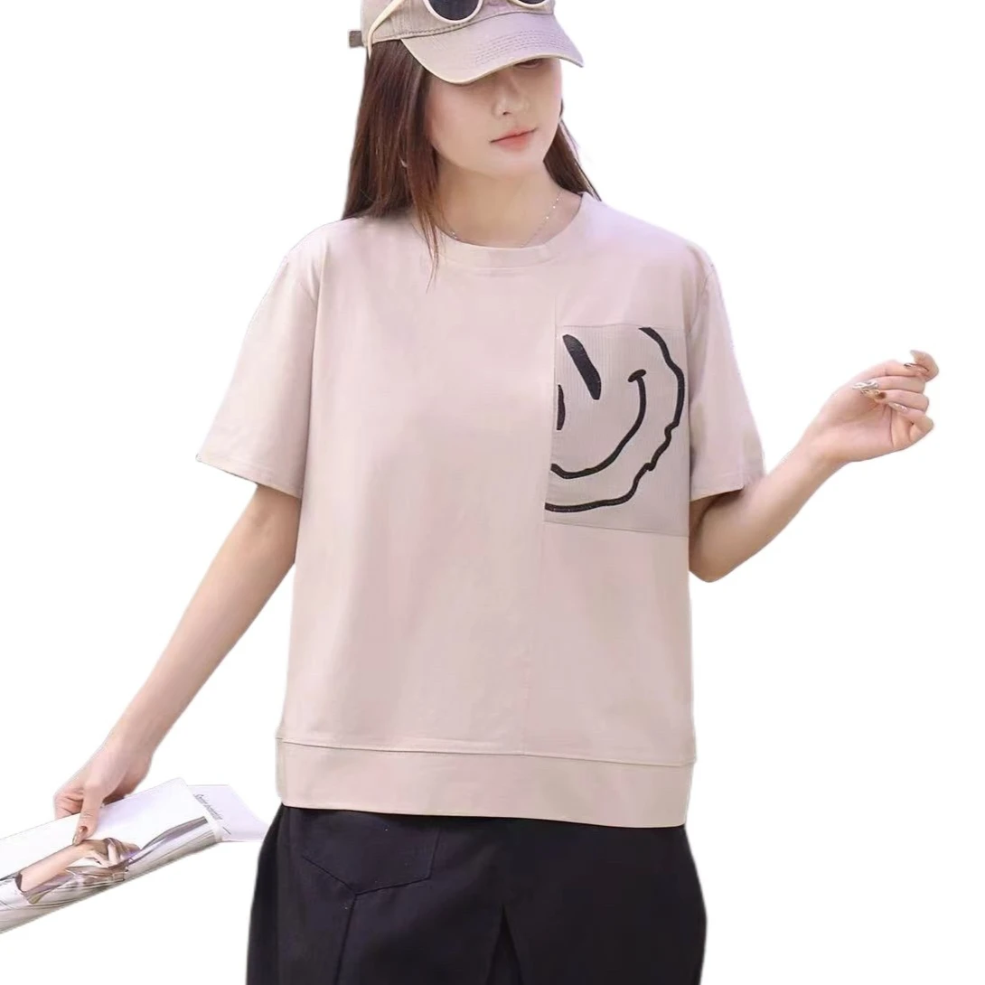 Loose Fit Womens T-shirt Cute Smile Embroidery Short Sleeve tops