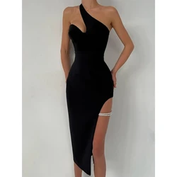 New Women Summer Sexy One Shoulder Crystal Diamonds Black Pink Midi Bodycon Bandage Prom Dress 2024 Elegant Evening Party Dress