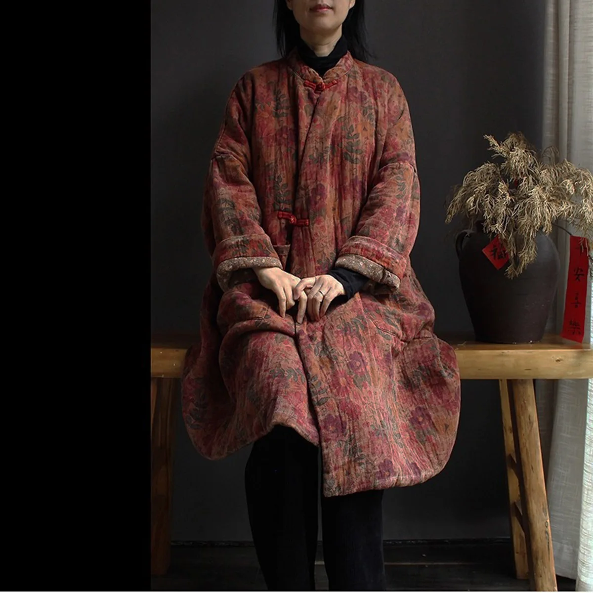 Originele katoenen bedrukte zachte gewatteerde jas dames herfst winter retro casual zachte warme losse kimono lange uitloper jassen met zak