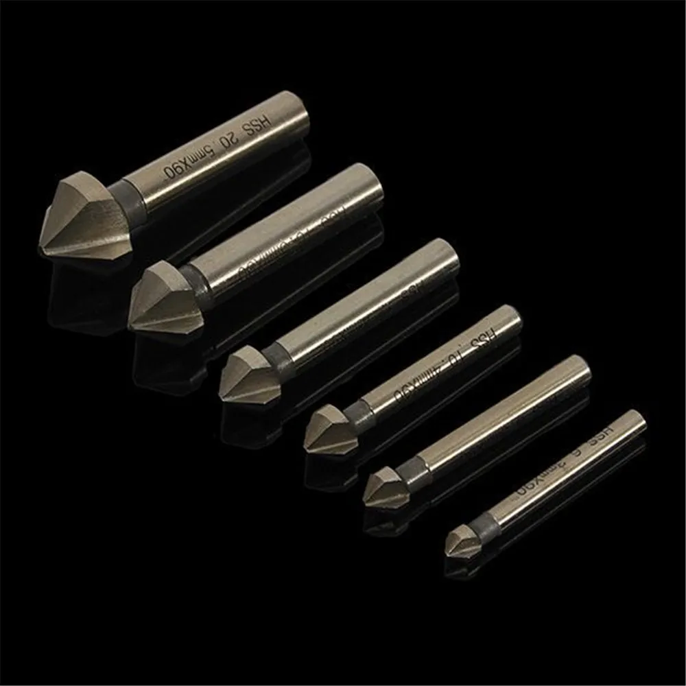 Round shank 6pcs 3 Flute 90 Degree HSS Chamfer Chamfering Cutter End Mill Tool Countersink Drill Bit Set 6.3-20.5MM