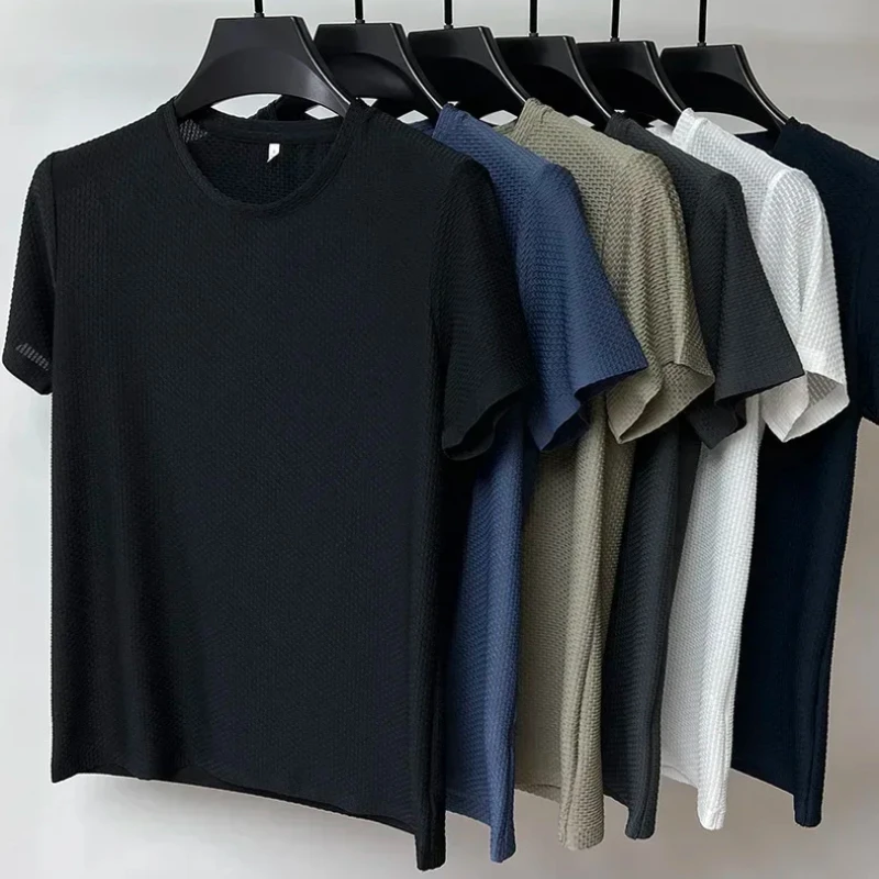 Sommer Eisseide Hochwertige Einfarbige Kurzarm T-Shirts für Herren Atmungsaktives Modisches T-Shirt Markenkleidung 6XL