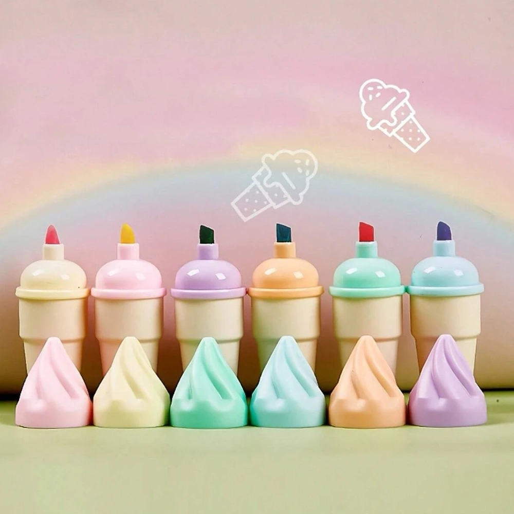 6 uds. Mini bolígrafos fluorescentes con forma de cono de helado, bonitos marcadores fluorescentes para estudiantes, material escolar, regalos para niños