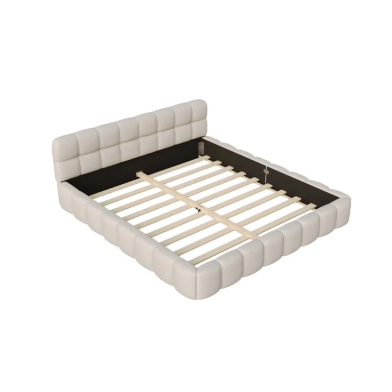 Anajqaqia Bubble Bed, gepolstertes Bett, 140×200cm Doppelbett, Bettgestell, komplett mit Bubble-Tufting gepolsterte Plattform, umlaufende Seitengitter aus weichem Stoff, Leinen, Beige