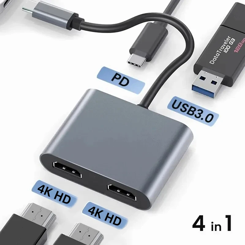 محول USB C إلى Dual HDMI متوافق مع Type-C Thunderbolt3 إلى 4K لمرآة الكمبيوتر المحمول التي تعمل بنظام Windows ووضع التمديد