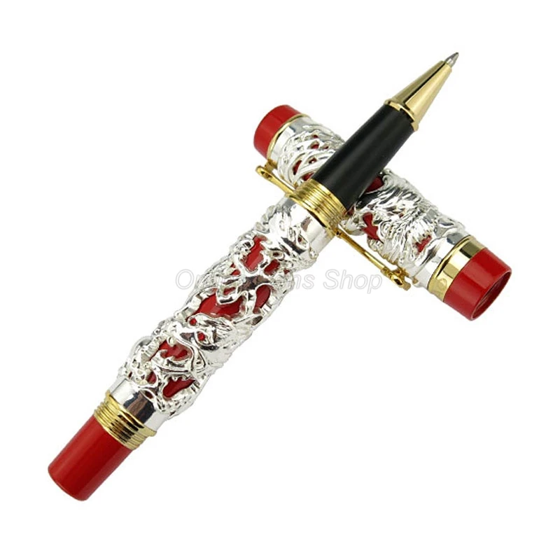 Jinhao Vintage Red & Silver Dragon And Phoenix Carving Embossing Heavy Roller Ball Pen Professional Office Stationery