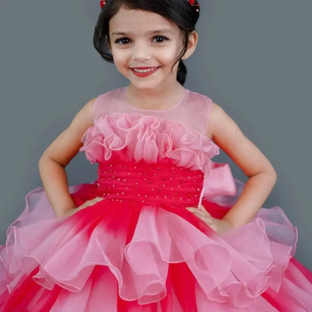 Flower Girl Dress Elegant Princess Gown In Pink And Ombre Combination With Ruffles Kids Birthday Gift First Communion Gowns