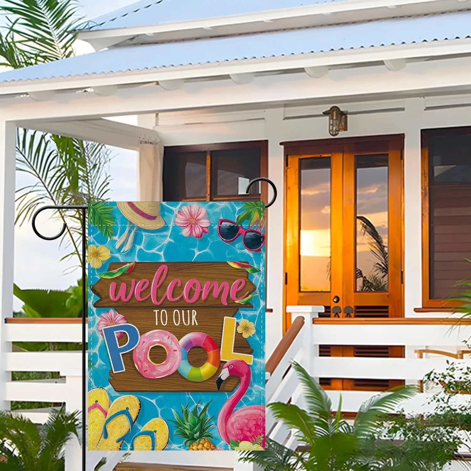 Dyrenson Summer Welcome To Our Pool Decorative Garden Flag, Hawaii Tropical Flamingo Swimming Ring Yard Outside Home Decorat AAS