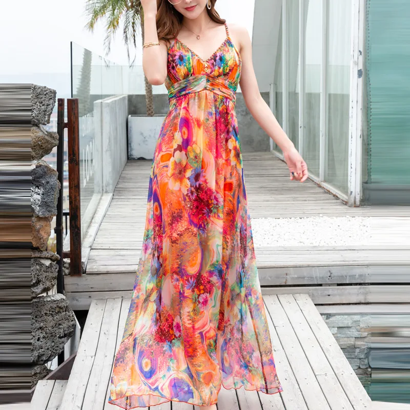 

Summer n Silk Beach Dr Long V-Ne High Waist Print Beaded Strapl Princ A-Line Gown Ele Casual Maxi Dr
