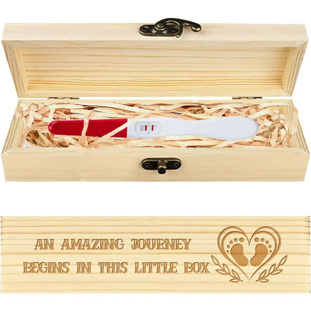 Pregnancy Test Keepsake Box Love Footprints Wooden Pregnancy Announcement Gifts Box with Raffia Ribbon and Lock Wooden Keepsake