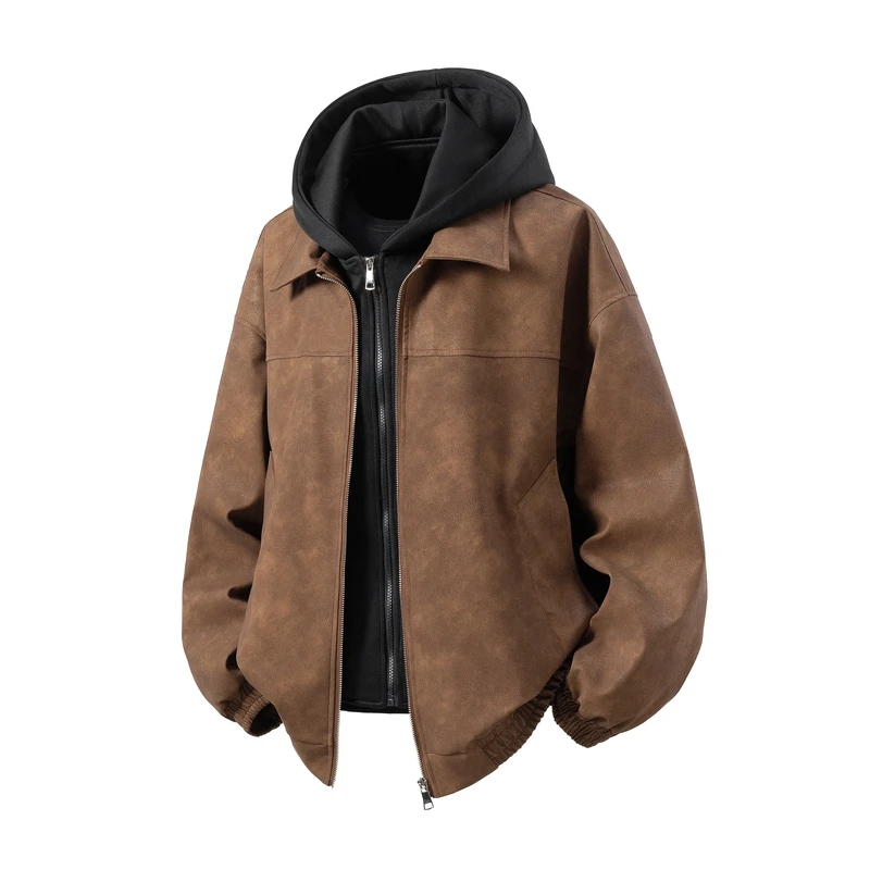 

New American style fake two-piece leather jacket, fashionable hooded zipper leather jacket, men's loose leather jacket