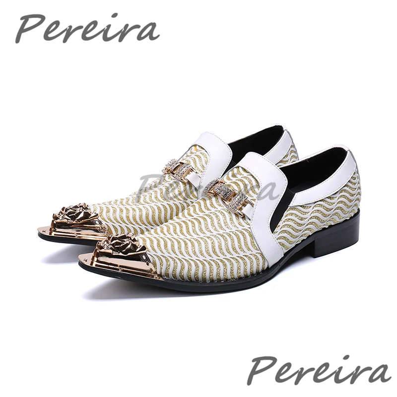 Luxury Gem Buckle Men's Loafers Beige Genuine Leather Iron Pointed Toe Business Dress Shoes British Style Banquet Wedding Shoes