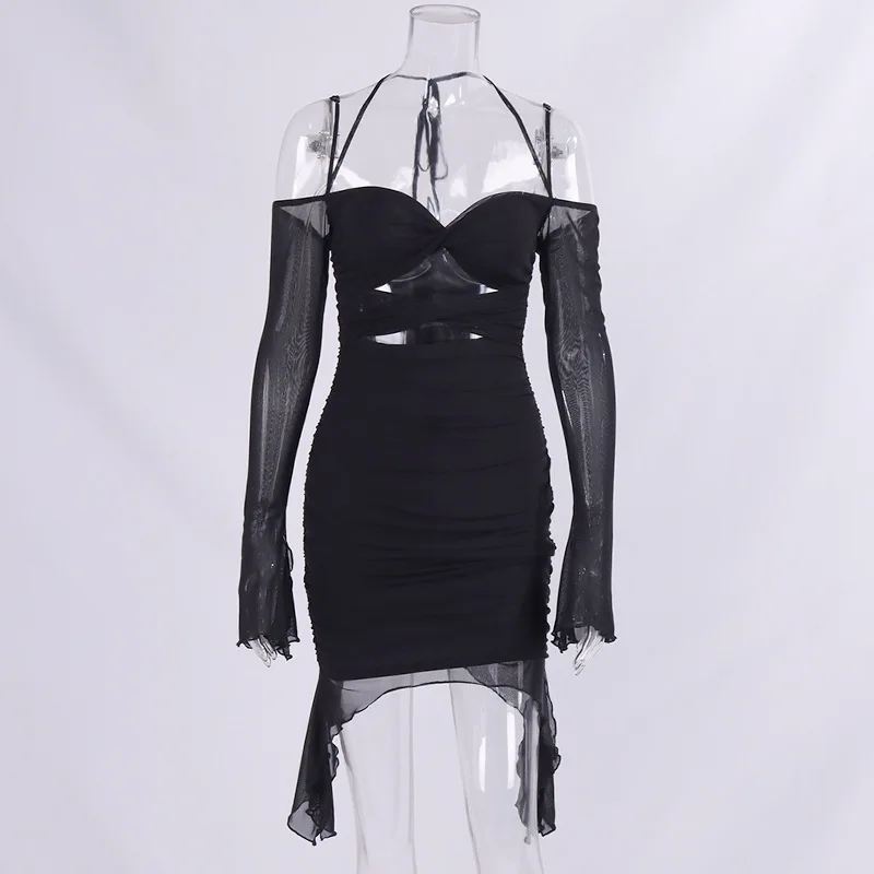 접이식 이중 러플 엣지 섹시한 홀터넥 파티 점프수트 힙 포켓 스커트 패셔너블 트렌디 데일리 여성 의류