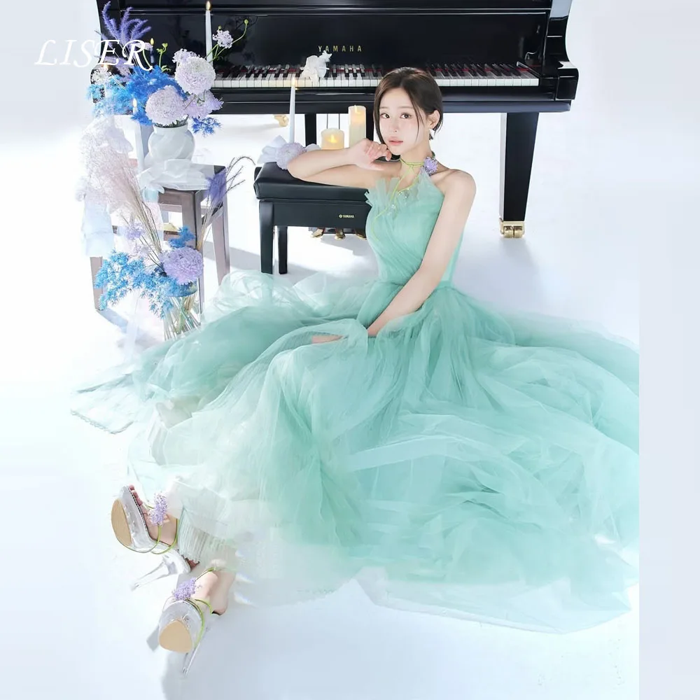 

Liser Customize Mint Green Japanese Luxury Women Party Dresses Photo Shoot Strapless Silk Tulle Elegant Prom Dresses 저녁 드레스