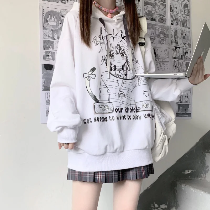 Japanese White Anime Print Long Sleeve Sweatshirt Women Preppy Style Pullovers Loose Sudaderas Kawaii Hooded Tops Y2k Spring