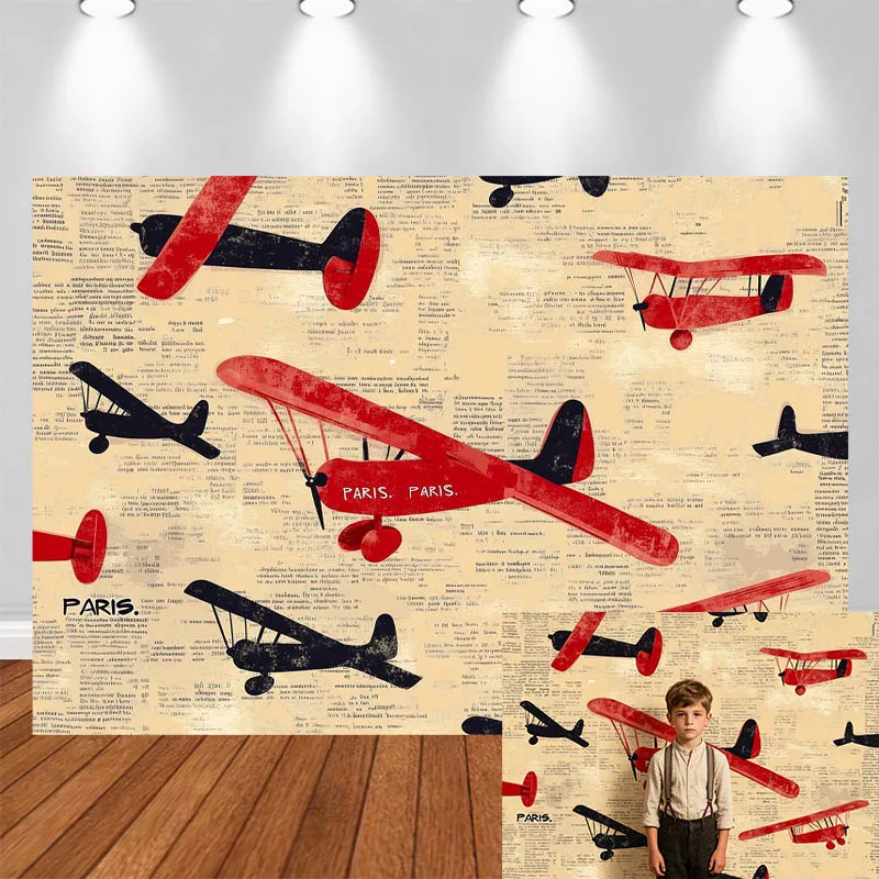 

LS Photography Background Distress Newspaper Red Black Helicopter Decor Birthday Cake Smash Kids Portrait Photo Backdrop Studio