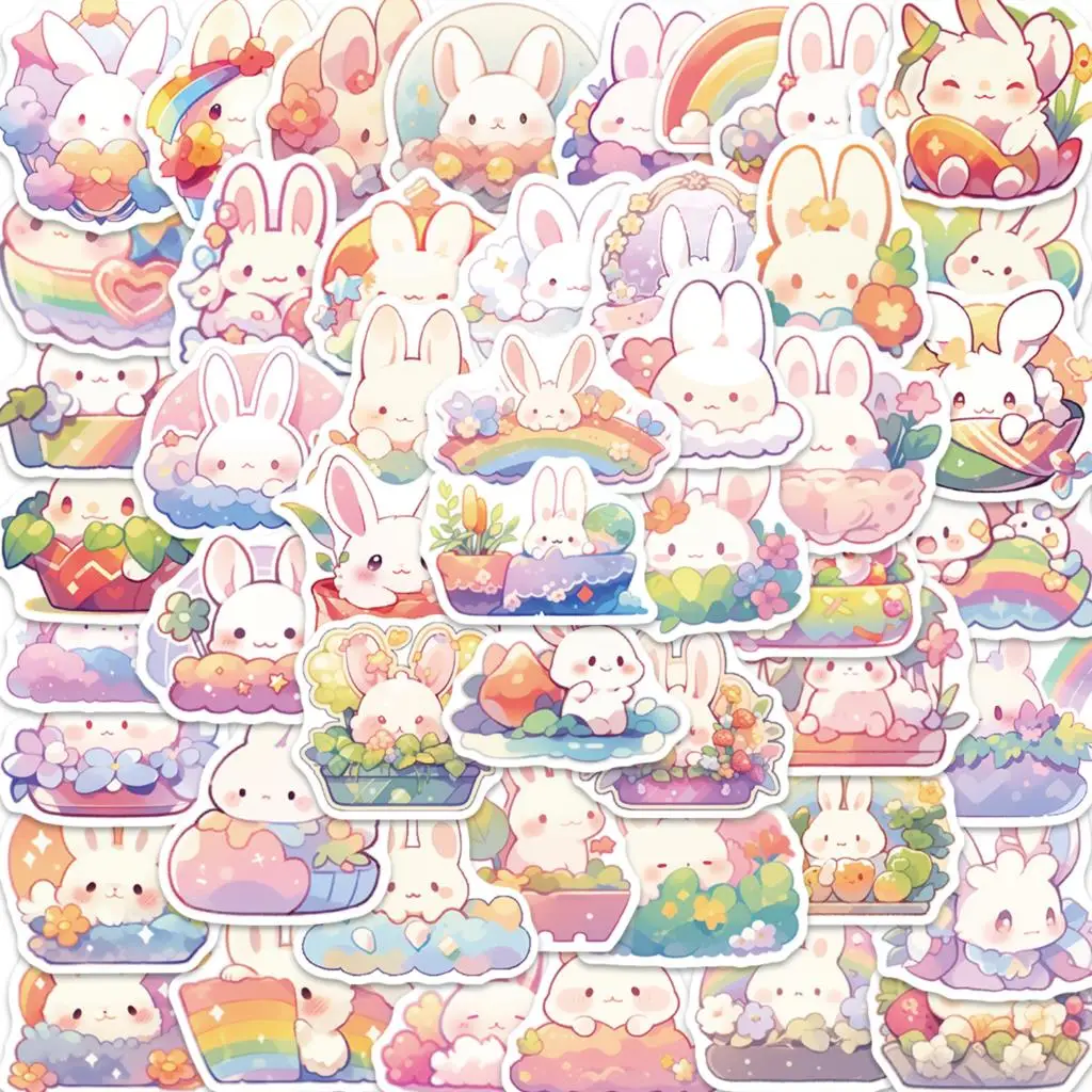 Autocollants de dessin animé lapin arc-en-ciel pour enfant, adhésif pour ordinateur portable, valise, skateboard, jouets, 50 pièces