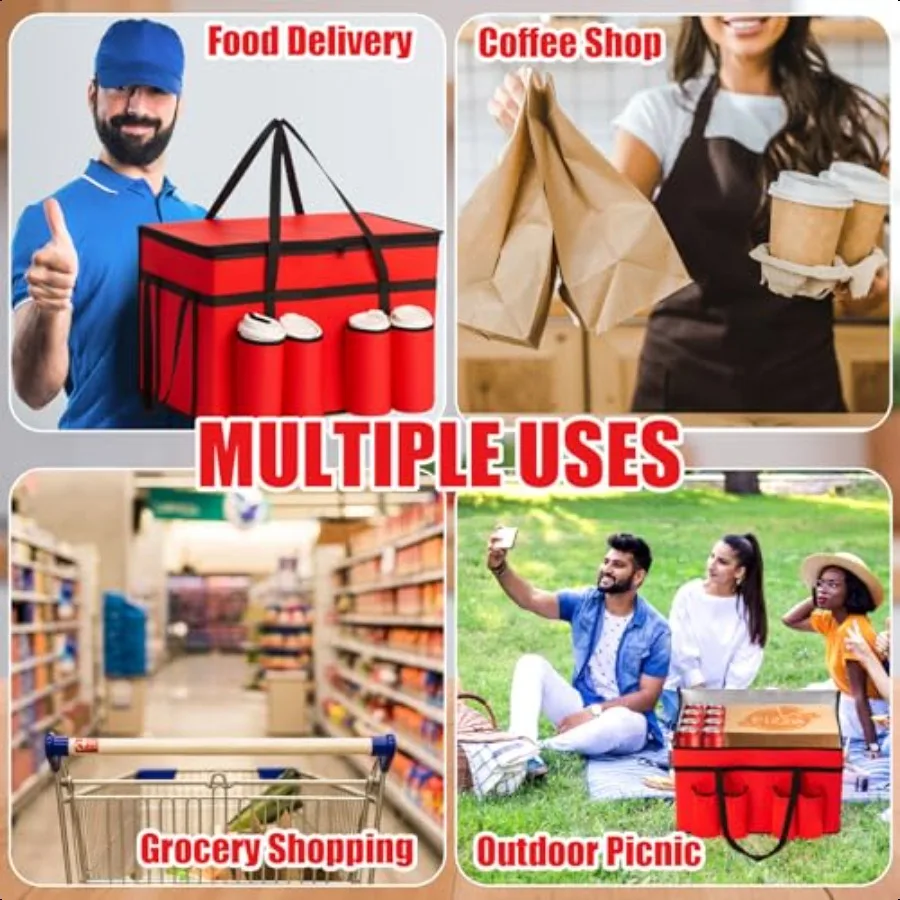 6 sacos isolados da entrega de alimentos dos pces com 4 suporte de copo 3xl caixa refrigeradora com portador da bebida 23w x 15h x 14d saco dobrável da entrega zi