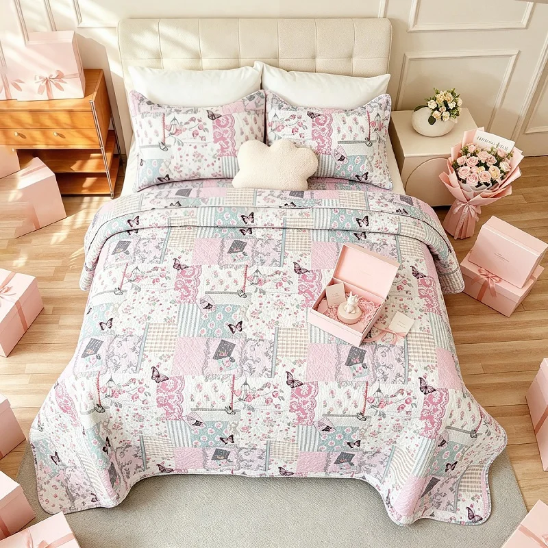Padded Bedspread Set Quilted Bed Cover Twin Queen Quilt Pink Floral Polyester Coverlet Single Double Bed Non-slip Sheet Blanket
